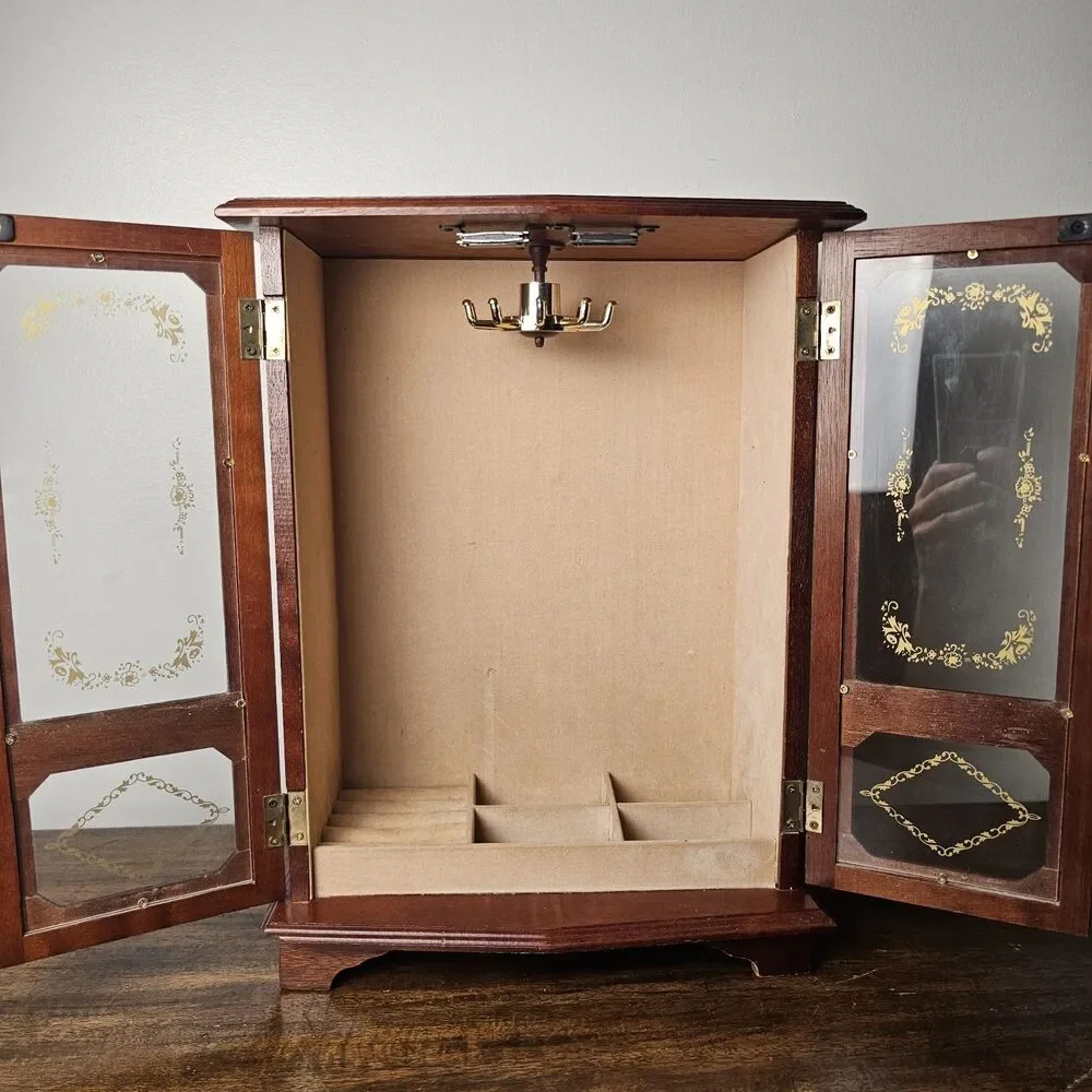 Large Vintage Wooden Jewelry Armoire with Gold-Etched Plexiglass Doors